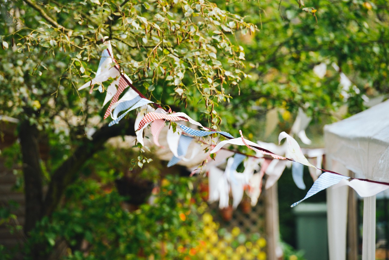 Colorful fabric bunting hung across a backyard for a birthday party