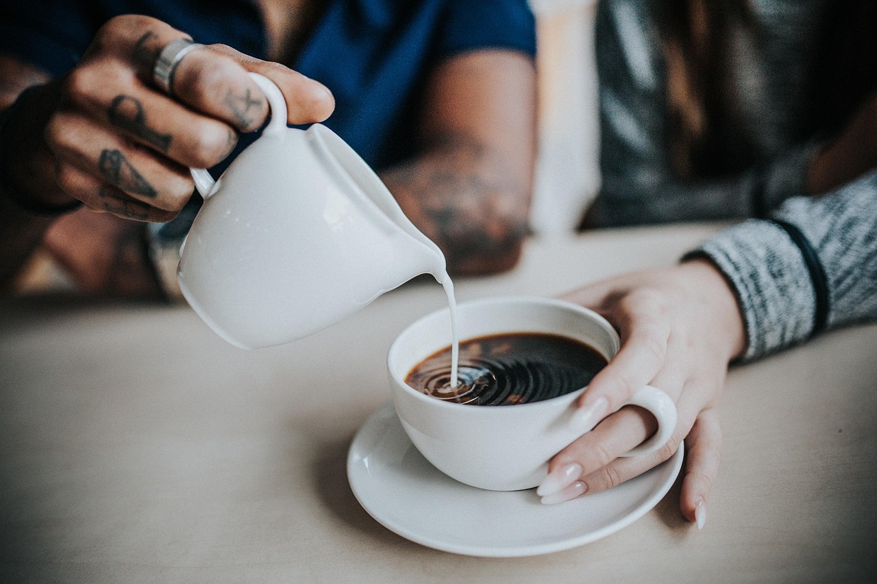 coffee, milk, hands, pour, pouring, caffeine, ceramics, coffee cup, cup, drink, mug, people, couple, man, woman, brewed 