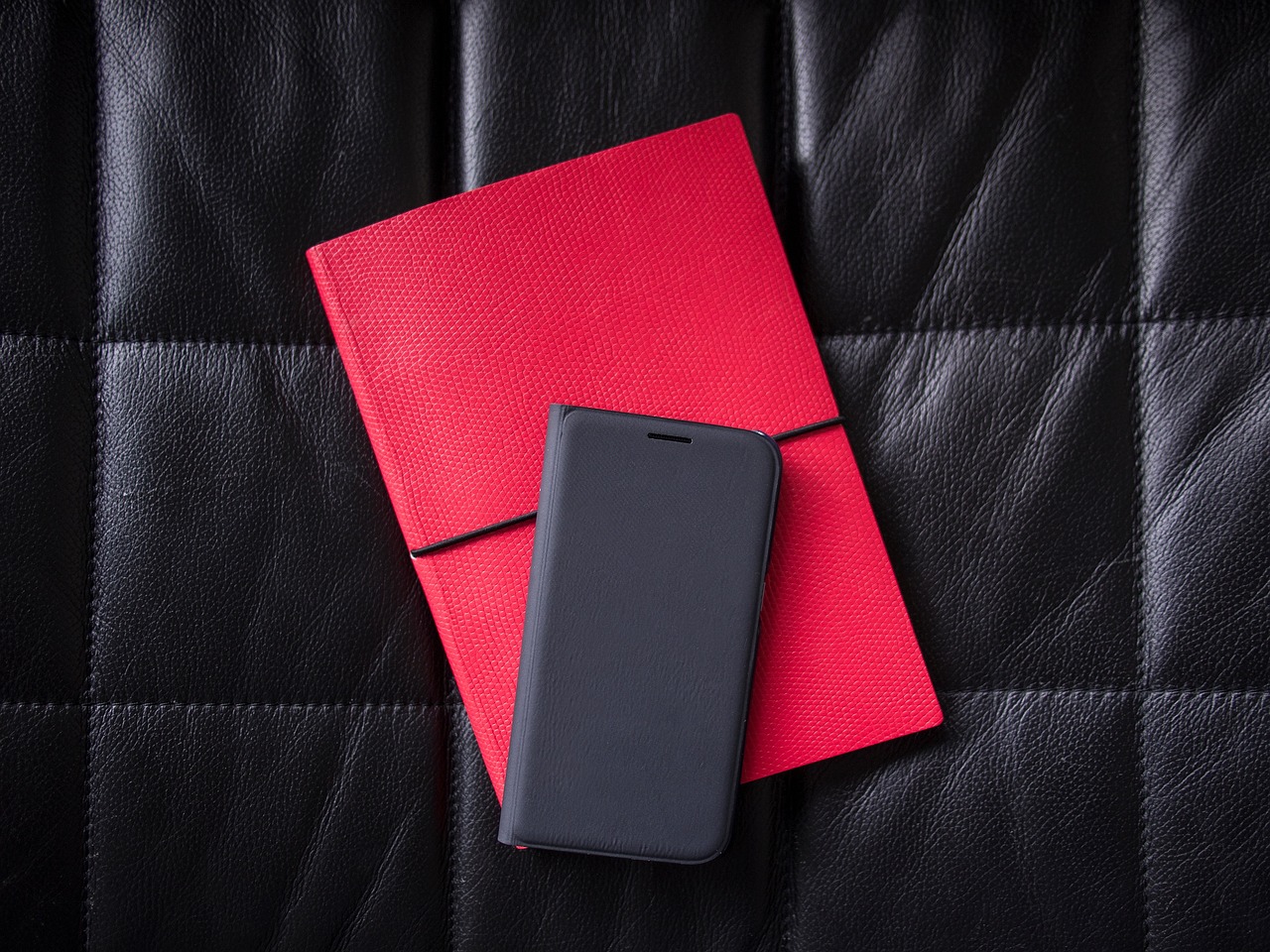 black, leather, phone, case, notebook, red, diary, letter, technology