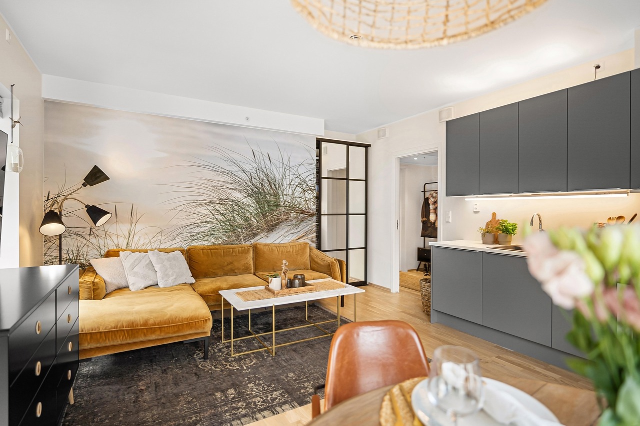 living room, dining room, kitchen, sofa, lamp, center table, dining table, dining chairs, shelves, console, cabinet, tab