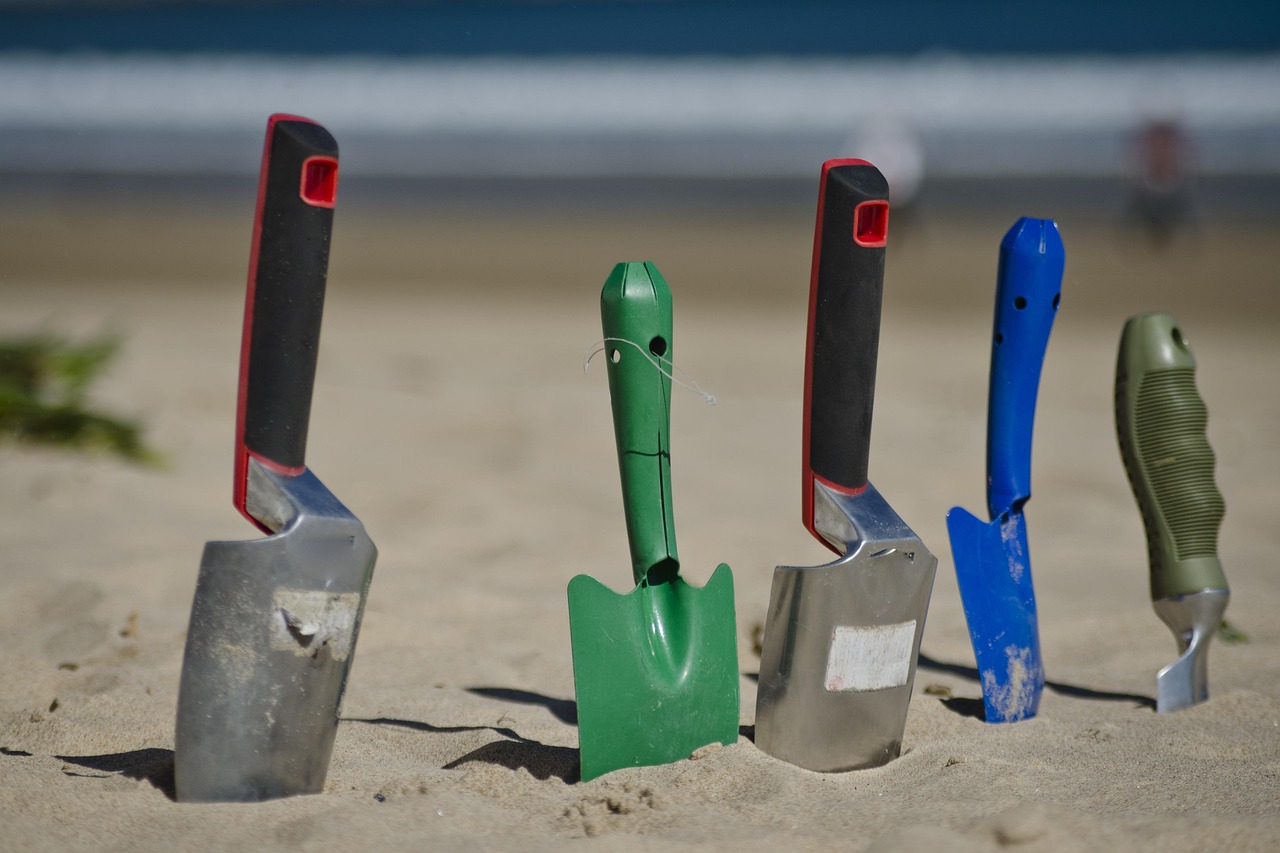 Collection of sustainable garden trowels with wood handles and stainless steel blades on soil