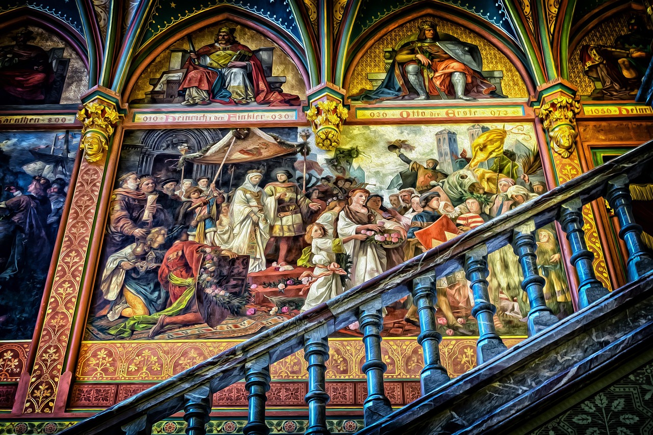 gallery, art, mural, baroque, ancestral gallery, painting, stairs, wall painting, layout, picture, to dye, multicoloured