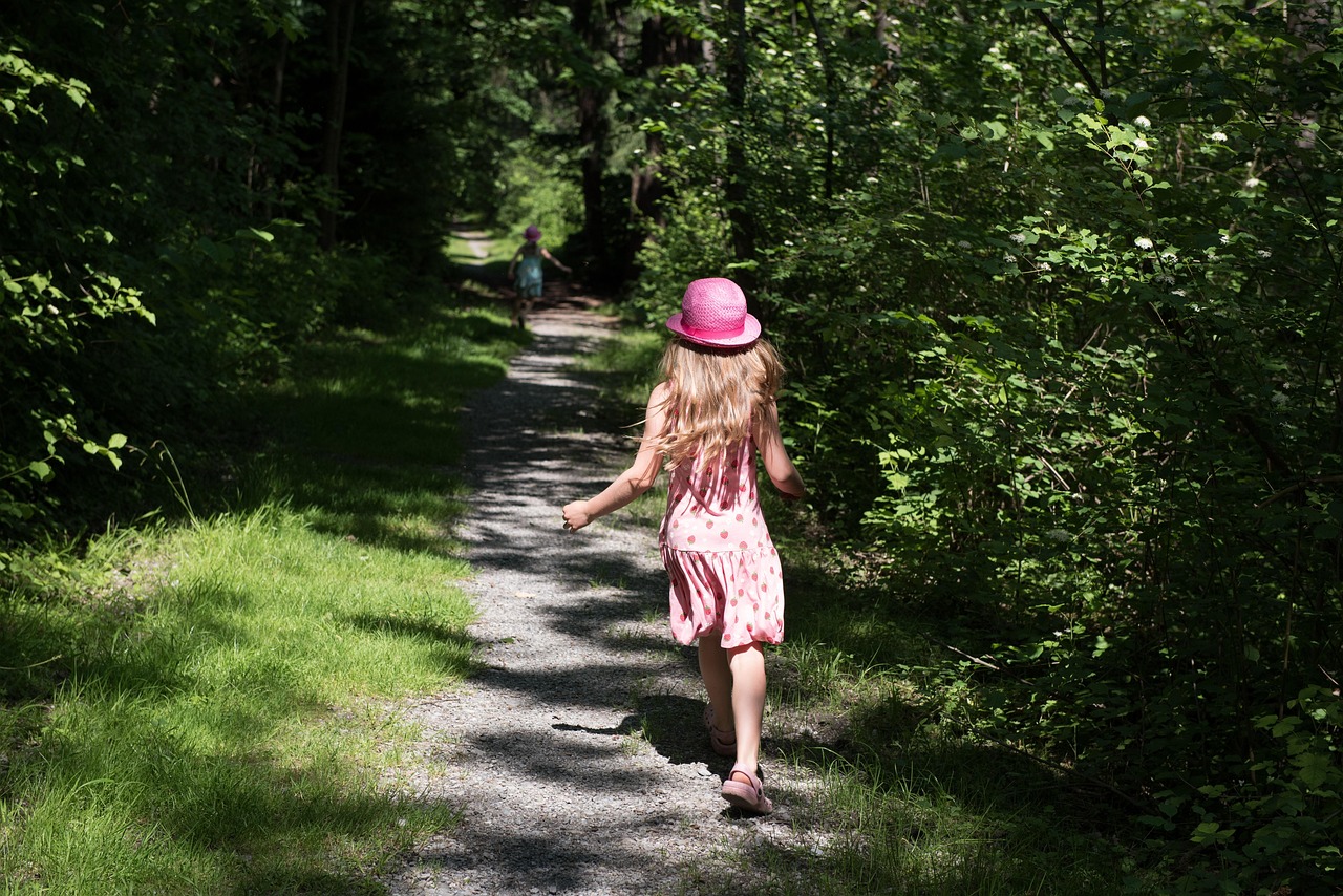 person, human, child, girl, cap, running, run, forest path, unmade, path, outdoors